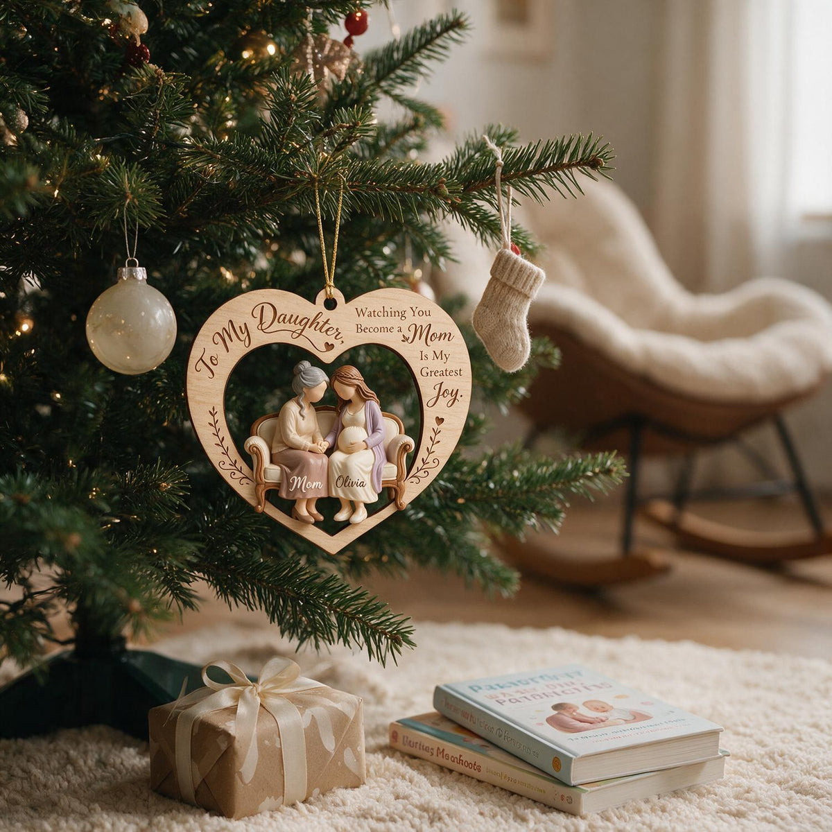 Personalized Christmas Mom & Expecting Daughter Heart Wooden Ornament New Mom Keepsake Gift