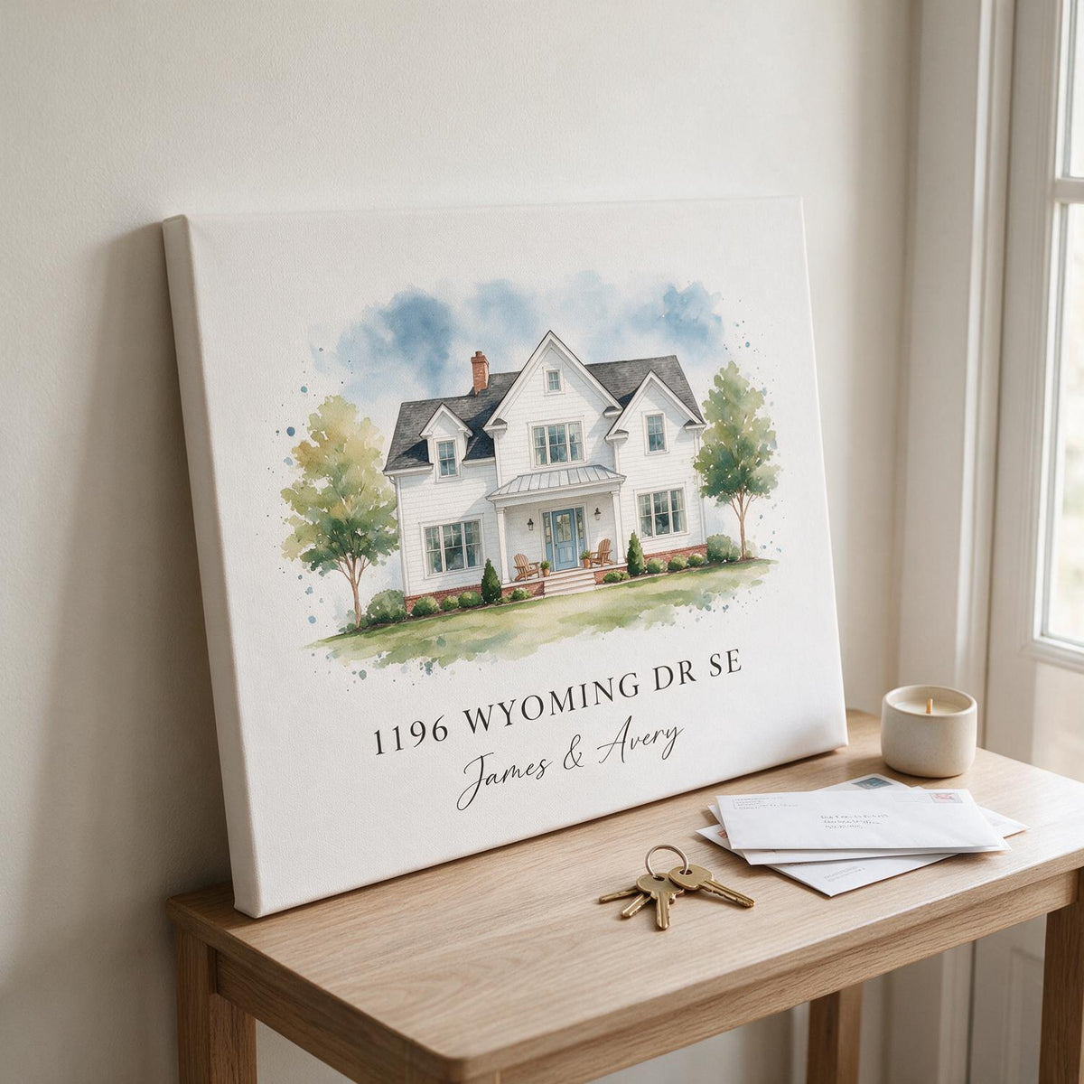 Personalized Housewarming Watercolor Home Portrait Canvas Wall Art, Custom Address First Home Gift