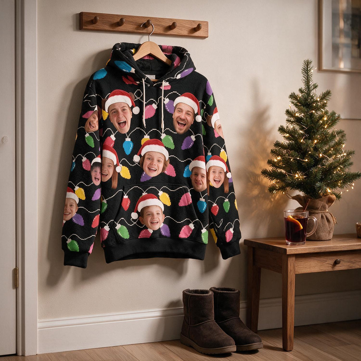 Custom Photo Christmas Family Face Print Fleece Hoodie, Funny Xmas Party Gift