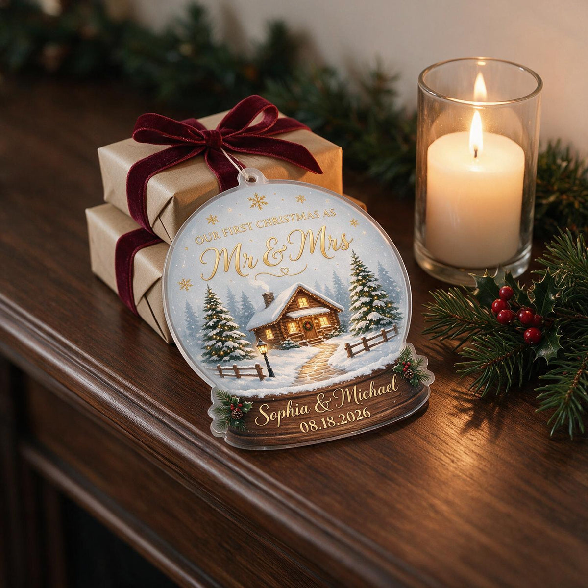 Personalized First Christmas Mr & Mrs Snow Globe Cabin Acrylic Ornament Newlywed Gift