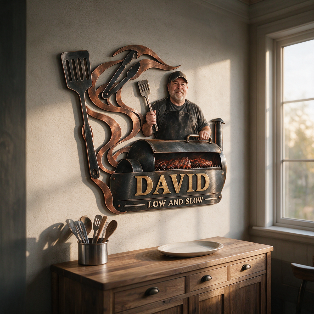 Personalized BBQ Metal Wall Art - Custom Portrait and Name, Grilling Wall Decor