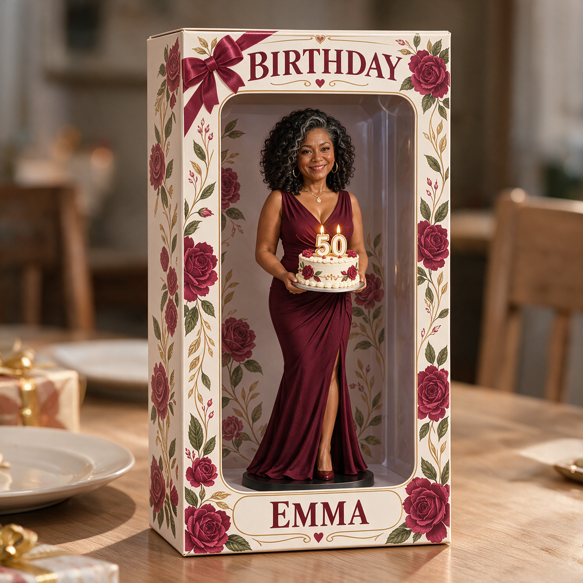 Personalized Custom Photo Red Rose Figurine Display Box - 50th Birthday Gift for Women