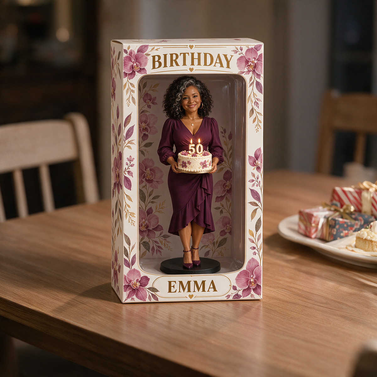 Personalized Custom Photo Orchid Figurine Display Box - 50th Birthday Gift for Women