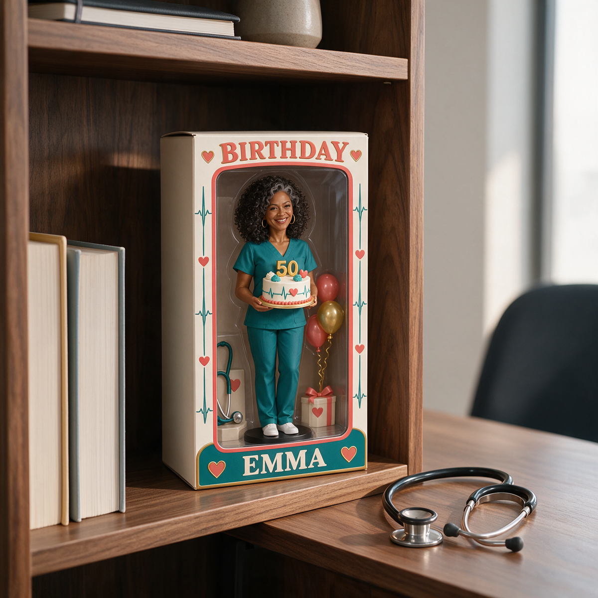 Personalized Nurse Figurine Display Box - Birthday Photo Portrait with Custom Name and Age