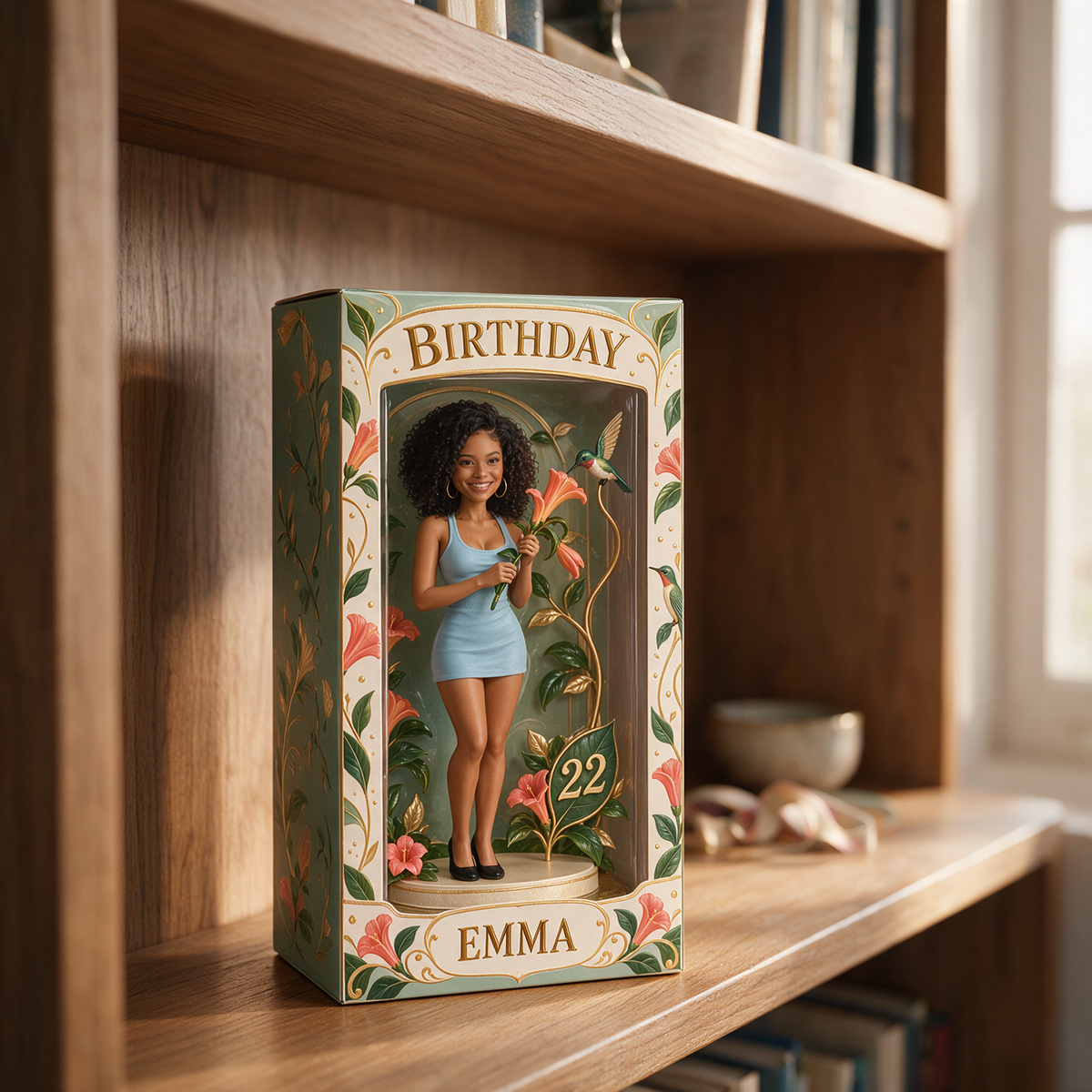 Personalized Birthday Display Box - Portrait Figurine with Hummingbird, Name and Age