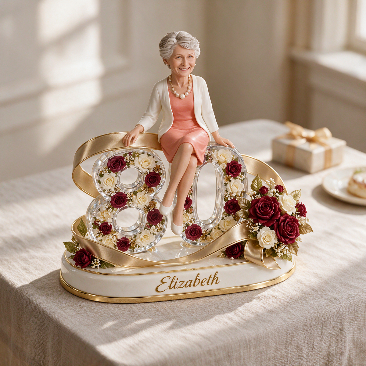 Personalized Birthday Figurine - Custom Portrait, Rose and Ribbon Keepsake Gift