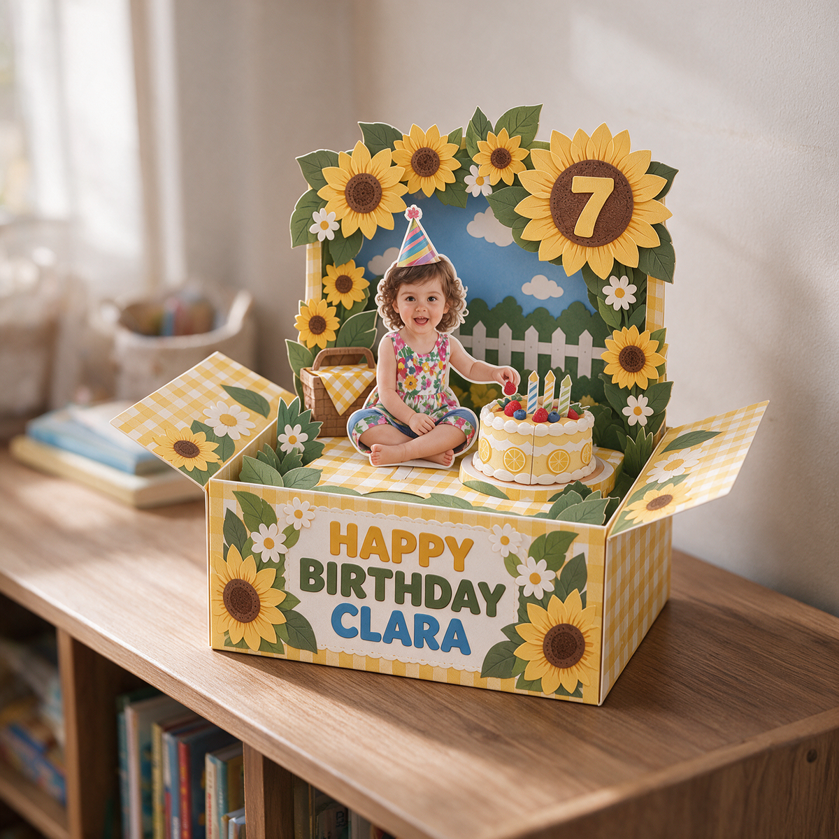 Personalized Sunflower Pop-Up Box Card - Birthday Cake Picnic with Custom Photo, Name and Age