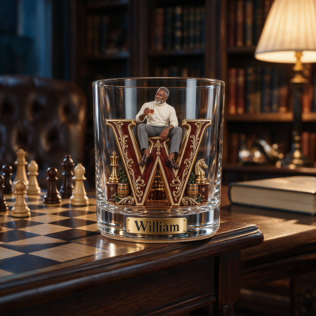 Personalized Custom Photo Chess Monogram Whiskey Glass - Gift for Older Men Who Love Whiskey