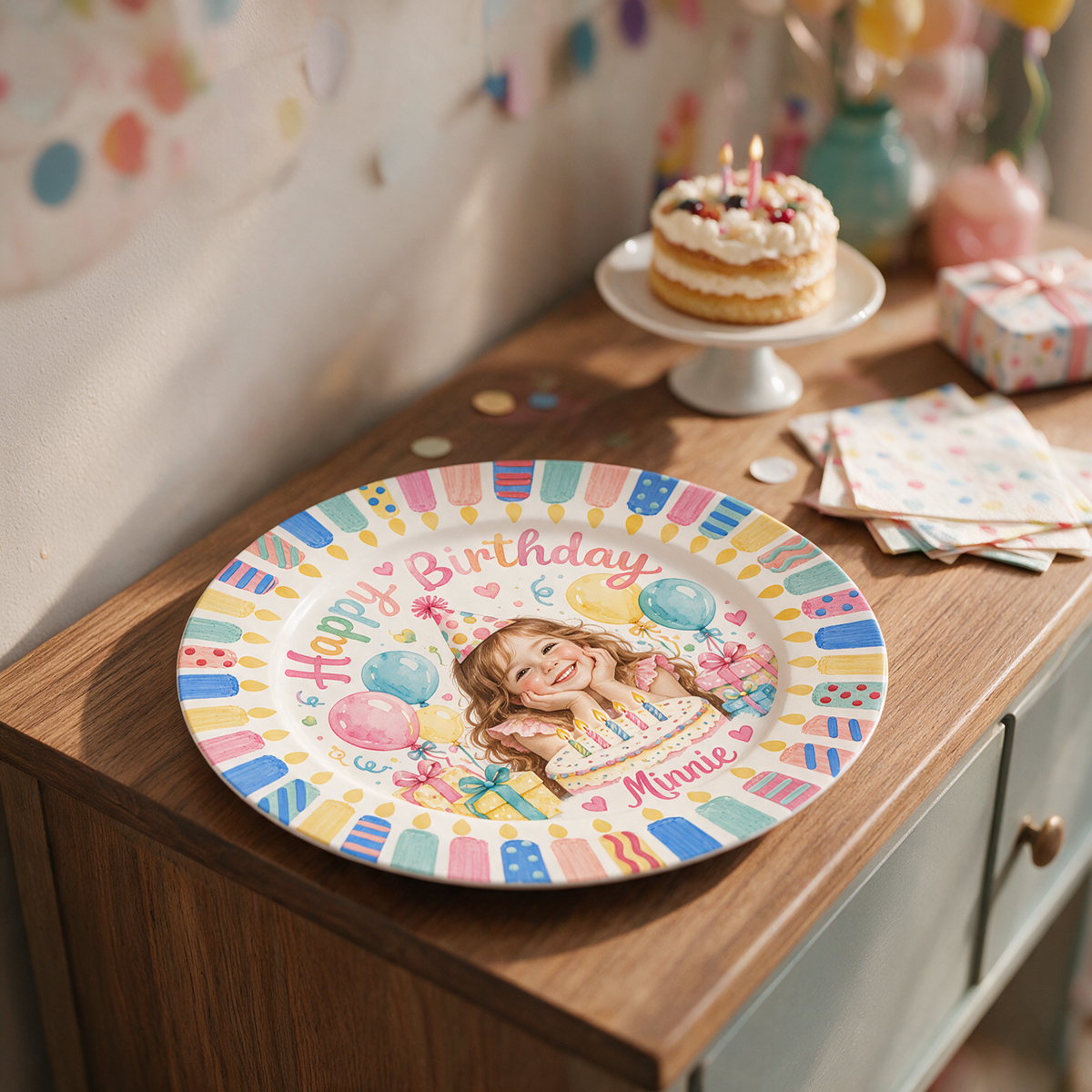 Personalized Birthday Ceramic Round Plate - Watercolor Portrait Gift