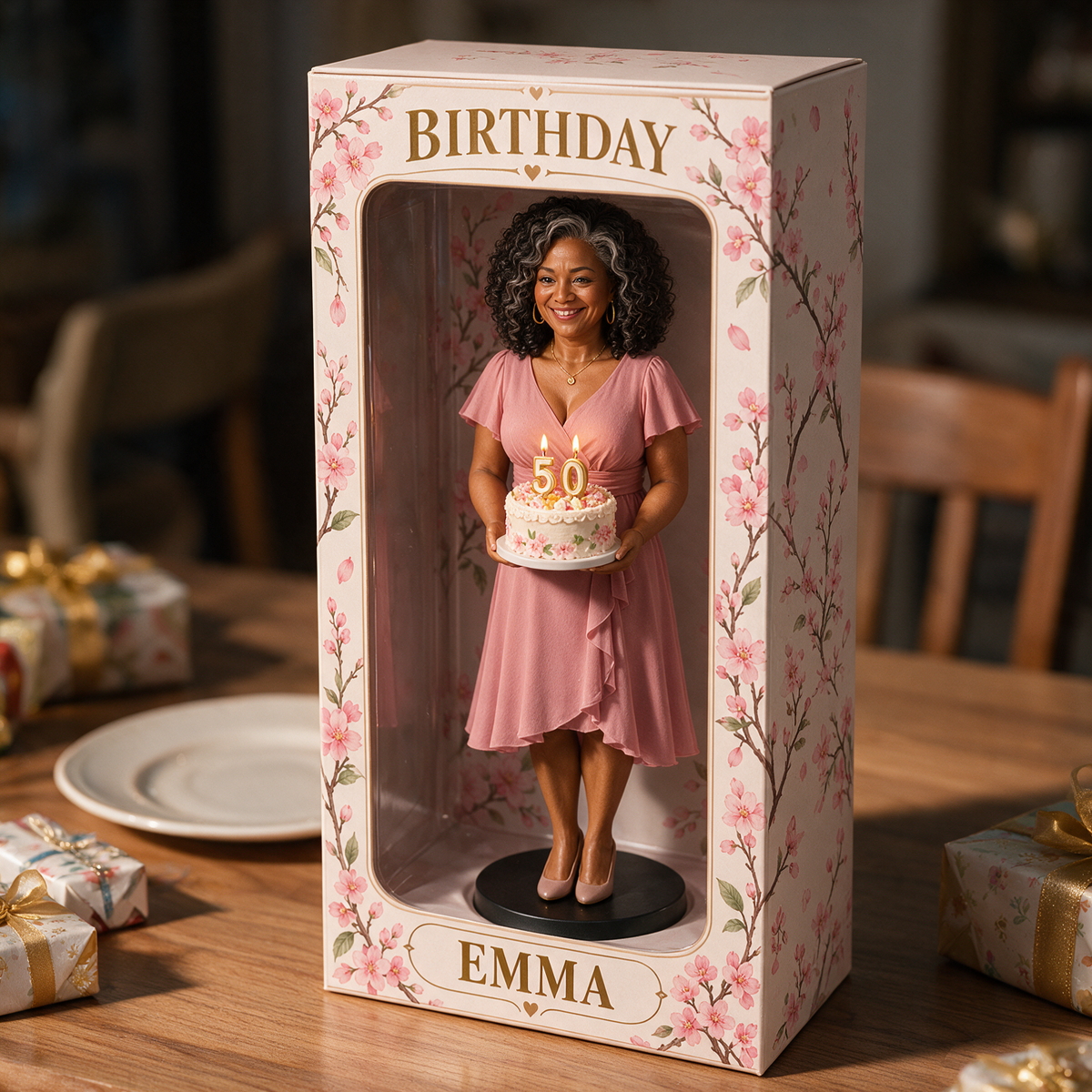 Personalized Custom Photo Cherry Blossom Figurine Display Box - 50th Birthday Gift for Women