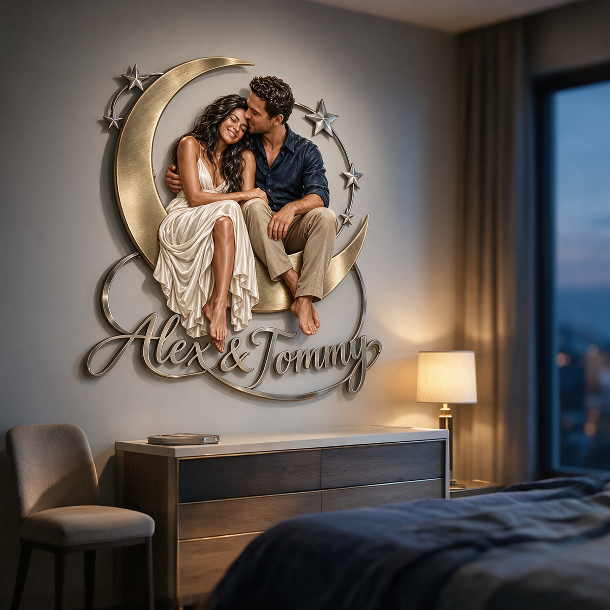 Personalized Custom Photo Moon and Stars Couple 3D Metal Wall Art - Bedroom Decor Gift for Young Couples