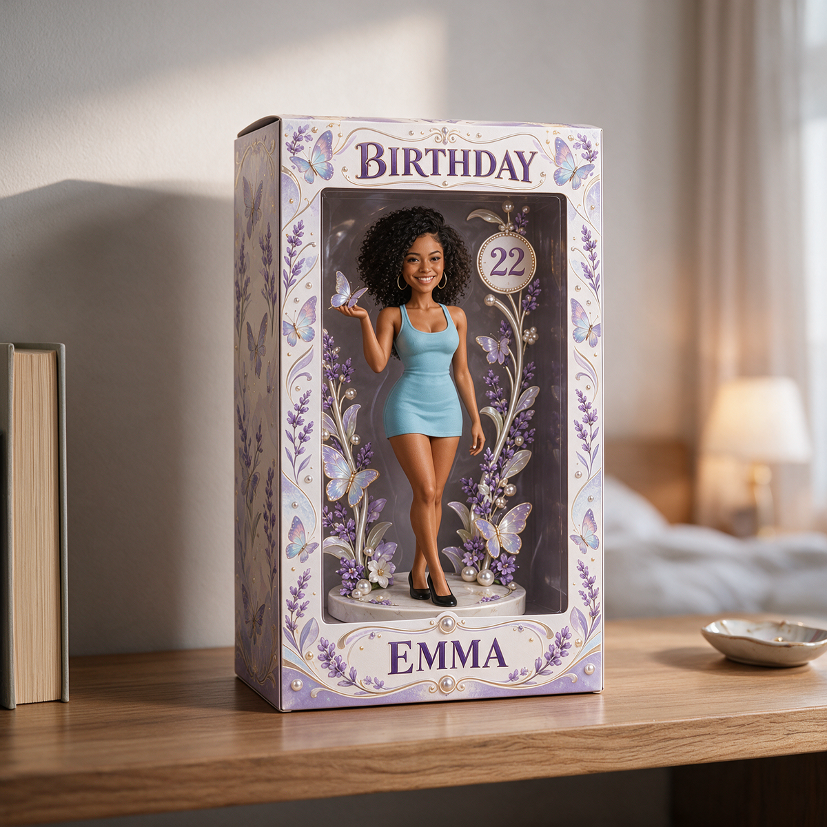 Personalized Birthday Display Box - Portrait Figurine with Lavender Butterfly, Name and Age