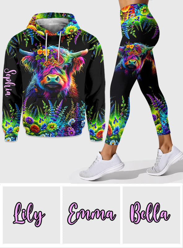 Beautiful Neon Highland Cow - Personalized Highland Cow Hoodie and Leggings
