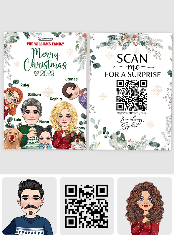 Custom Portraits Merry Christmas Card - Personalized QR Greeting Card