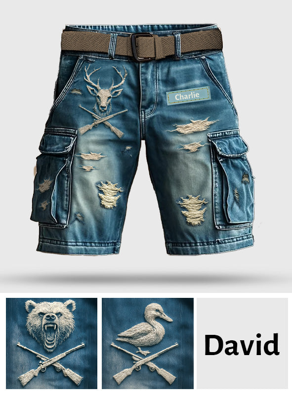 Distressed Hunting Gift - Personalized Hunting Cargo Shorts With Belt