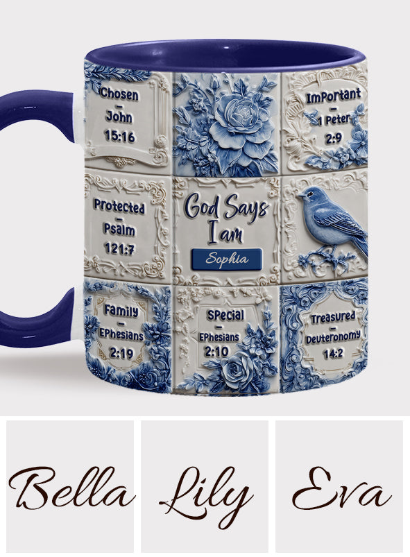 God Says I Am Toile De Jouy Pattern - Personalized Christian Accent Mug