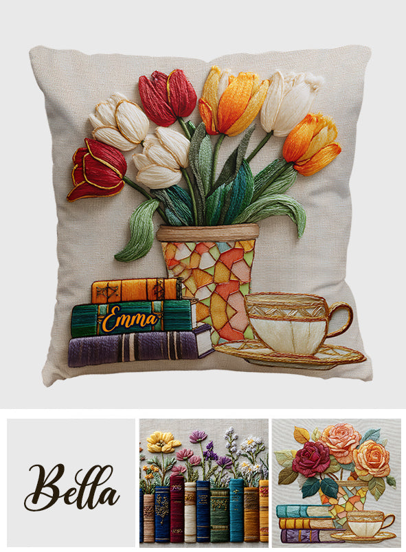 Books And Flowers - Personalized Book Throw Pillow