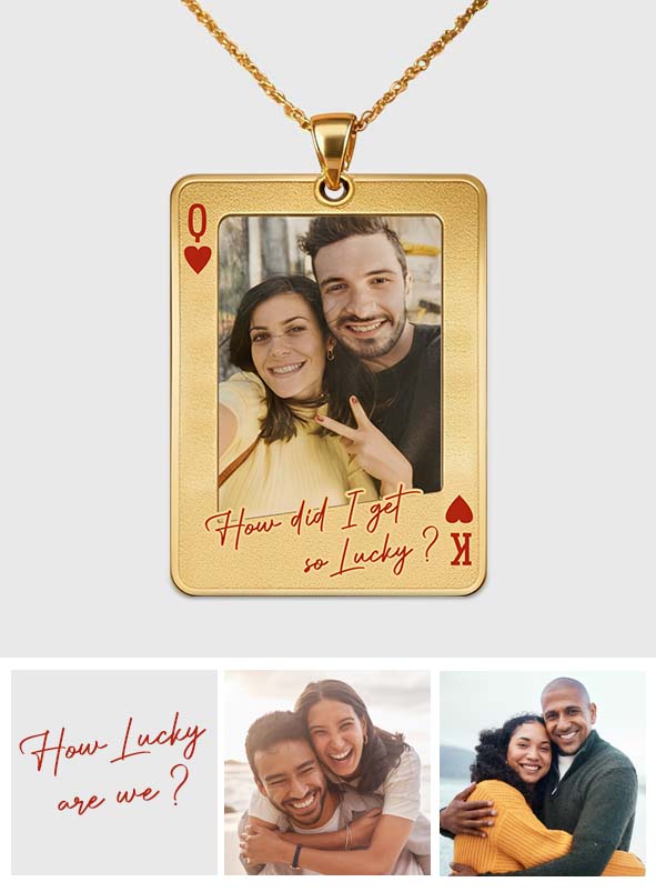 Custom Photo Playing Card - Personalized Couple Shaped Metal Pendant Necklace