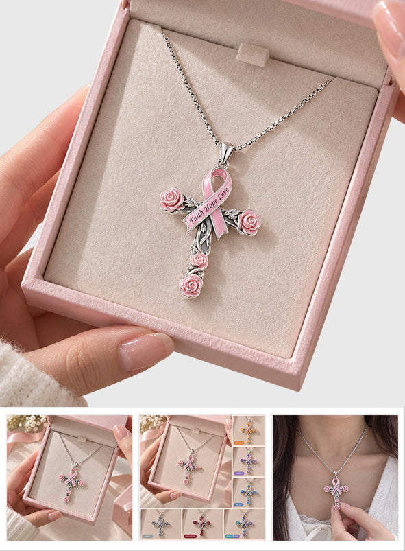 Faith Hope Love Ribbon - Personalized Breast Cancer Awareness Shaped Metal Pendant Necklace