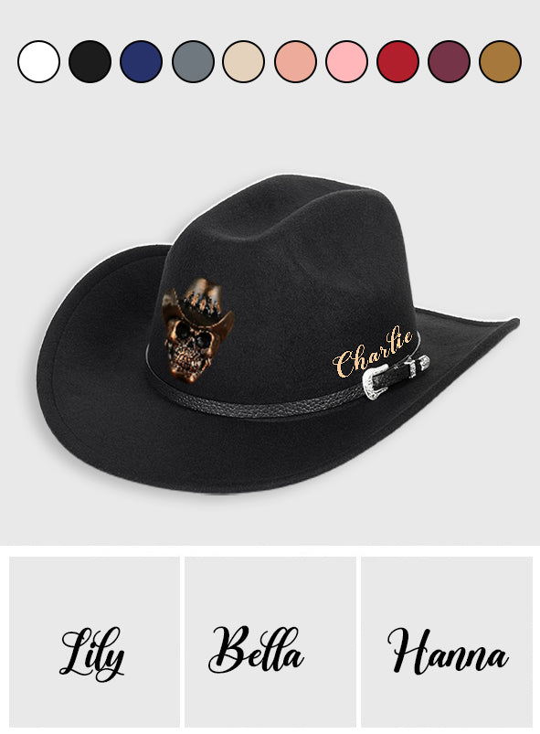 Human Skull Skeleton Head Bone, Cowboy Style - Personalized Western Outfit Wide Brim Cowboy Hat