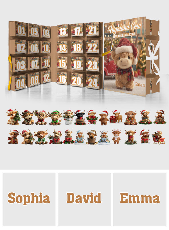 Christmas Highland Cow - Personalized Highland Cow Folded Advent Calendar With Ornaments