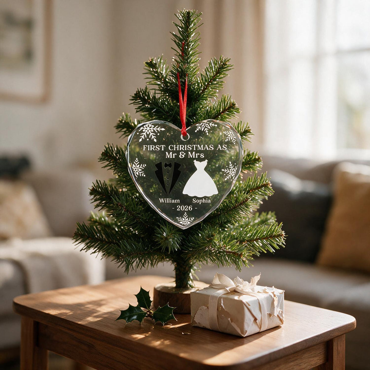 Personalized First Christmas as Mr & Mrs Heart Glass Ornament, Newlywed Wedding Gift