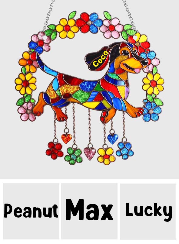 Cute Dachshund With Flowers - Personalized Dachshund Window Hanging Suncatcher Ornament