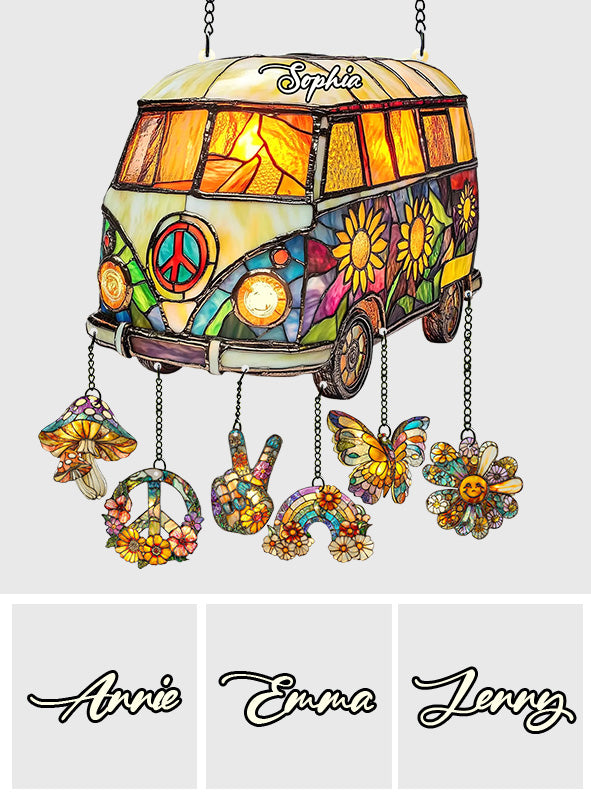 Hippie Caravan - Personalized Hippie Window Hanging Suncatcher With Charms