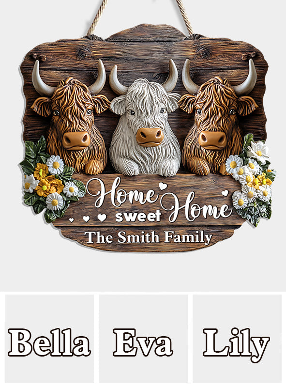 Home Sweet Home - Personalized Highland Cow Custom Shaped Wood Sign