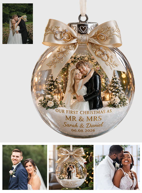 First Christmas Married - Personalized Couple Snow Globe Ornament With Bow