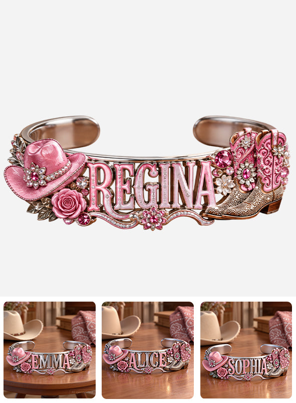 Western Style Pink Cowgirl Boots - Personalized Cowgirl Shaped Cuff Bracelet