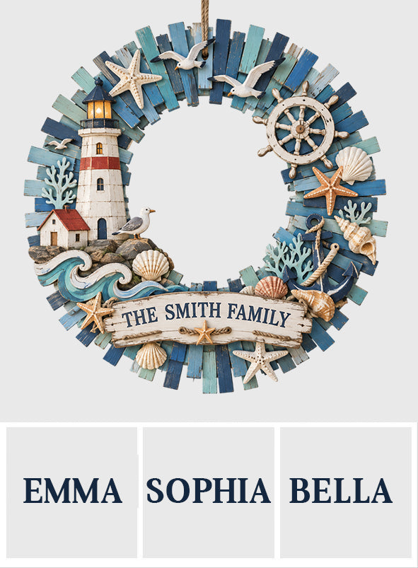 Lighthouse Coastal Home Decor, Coastal Wreath - Personalized Family 2 Layered Wood Sign / Wood Plaque