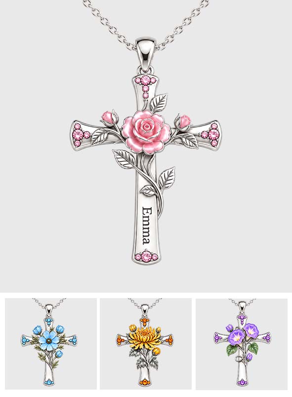 Believe Birth Flower Cross Gift For Mom, Grandma & Friends - Personalized Self Love Shaped Metal Pendant Necklace