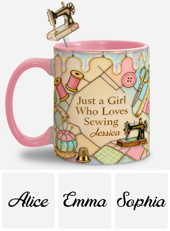 Just A Girl Who Loves Sewing - Personalized Sewing Set Accent Mug with Acrylic Stirrers