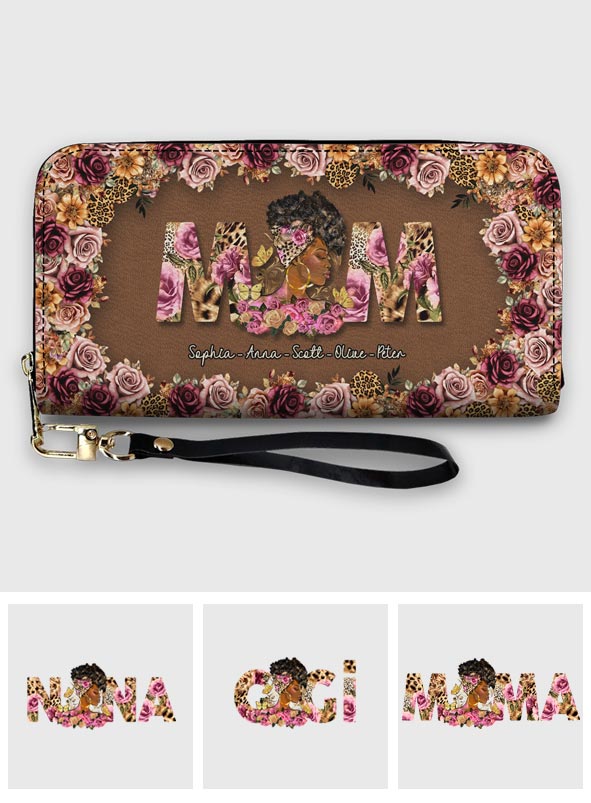 Leopard Afro Mom Grandma - Personalized Mother Leather Long Wallet