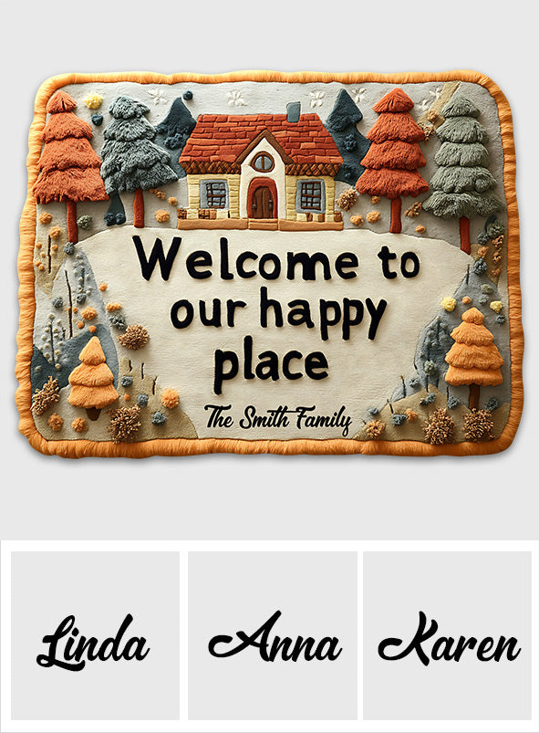 Welcome To Our Happy Place - Personalized Family Shaped Doormat