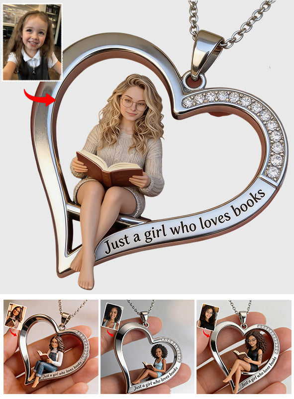 Custom Any Photo, Just A Girl Who Loves Books - Personalized Book Shaped Metal Pendant Necklace