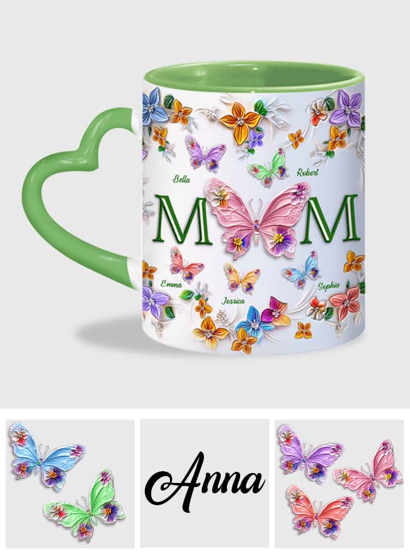 Colorful Butterflies Mom Mama - Personalized Mother Heart Handle Mug