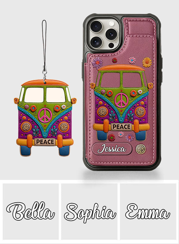 Peace Bus - Personalized Hippie Wallet Phone Case With Leather Charm