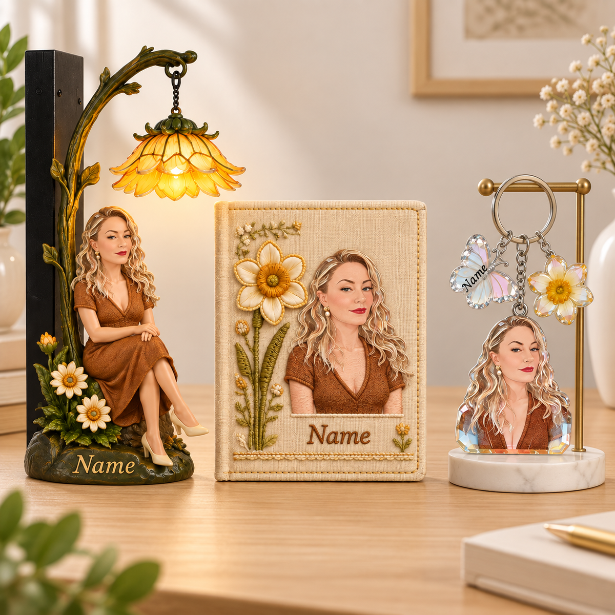 The Her Story Gift Set - Personalized Bookshelf Lamp & Journal & Keychain With Charm