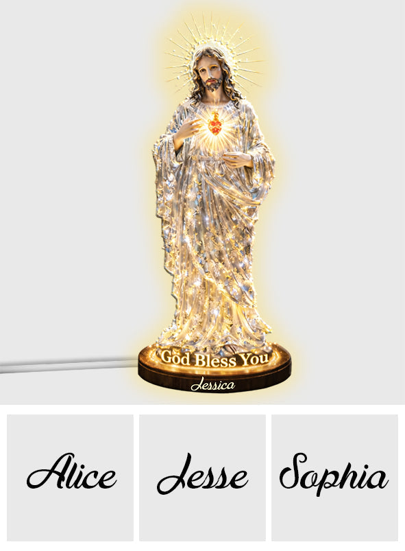 Sacred Heart Of Jesus, God Bless You - Personalized Christian Acrylic LED Night Light