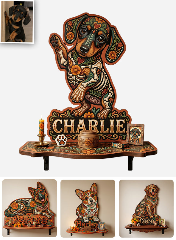 Pet Portrait Day Of The Dead Mexican Hispanic Style - Personalized Dog Wooden Floating Shelf