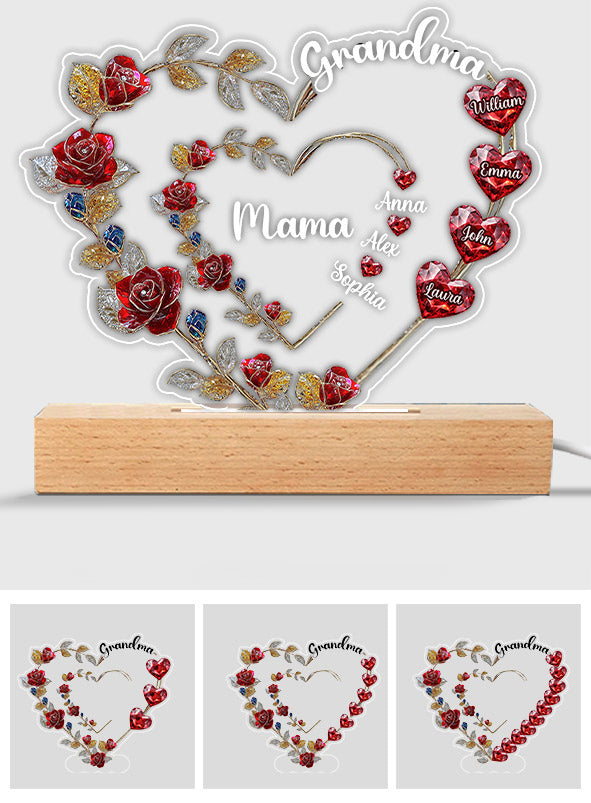 Grandma Mom Floral Heart - Personalized Grandma Shaped Plaque Light Base