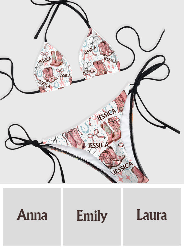 Coquette Cowgirl Boots and Bows - Personalized Cowgirl Triangle Bikini Swimsuit