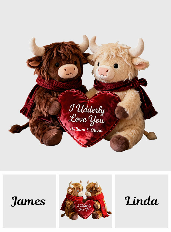 Romantic Plush Cows Holding Heart - Personalized Highland Cow Faux Fur Shaped Pillow