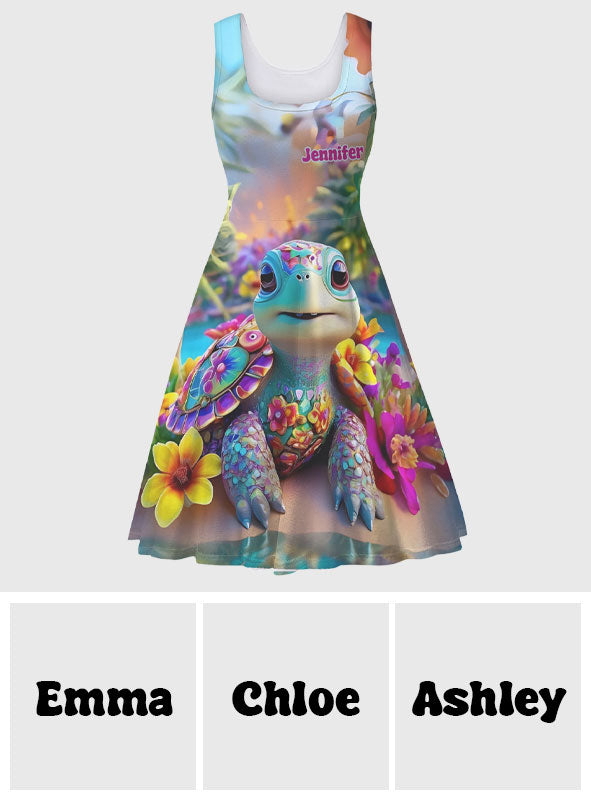 Sparkling Playful Turtle & Floral - Personalized Turtle Sleeveless Dress