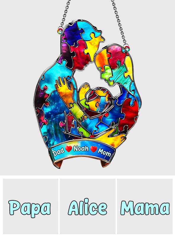 Autism Family Hugging - Personalized Autism Awareness Window Hanging Suncatcher Ornament