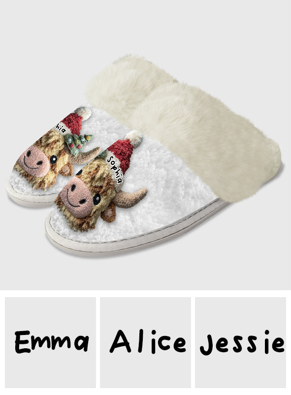 Cute Highland Cow - Personalized Highland Cow Slippers With Fur Lining
