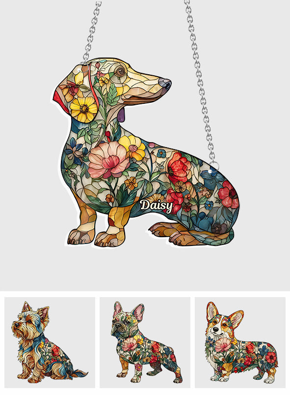Floral Dogs - Personalized Dog Window Hanging Suncatcher Ornament