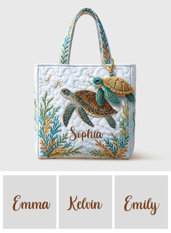 Sea Turtle Set Bag With Charm - Personalized Turtle Quilted Tote Bag With Plush Charm